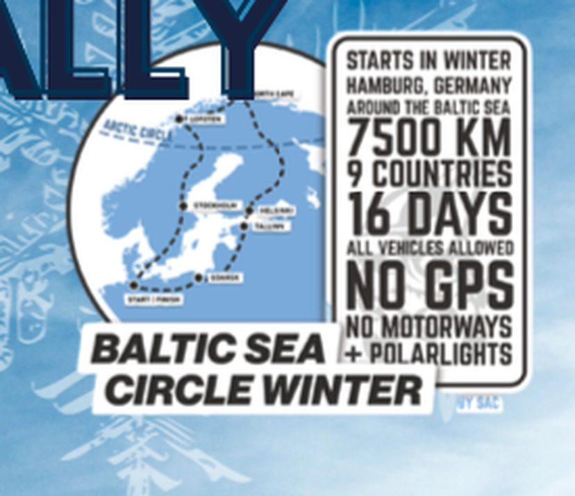 Baltic Sea Circle Winter route graphic from the organisers: Hamburg, around the Baltic Sea, 7500km, 9 countries, 16 days, no GPS, no motorways