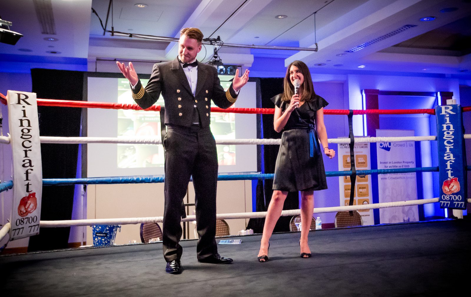 Back in the ring after the fight, in my mess dress. Ship’s captain by trade, boxer by poor decision