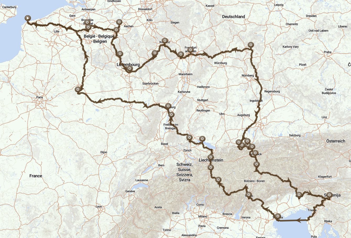 Route map of the Europa Challenge: one big loop from Calais and back