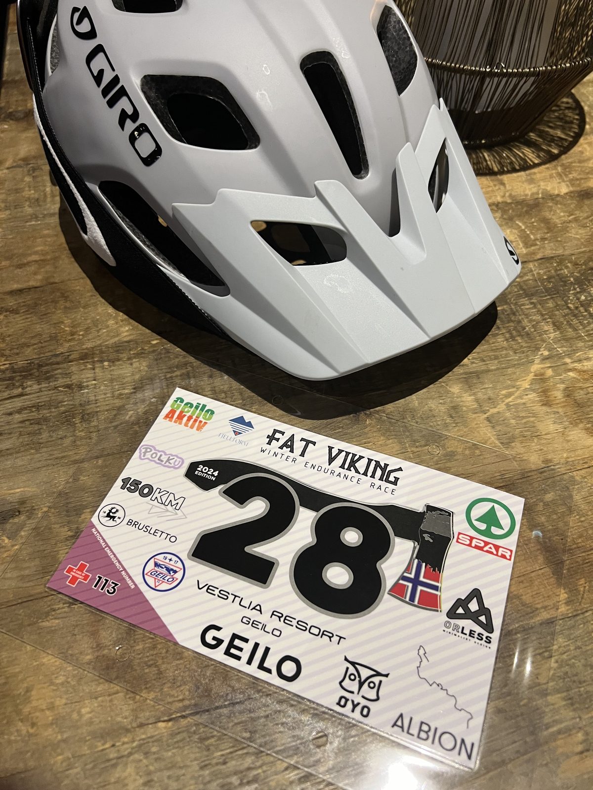 Helmet and race number 28, Fat Viking 2024, Geilo