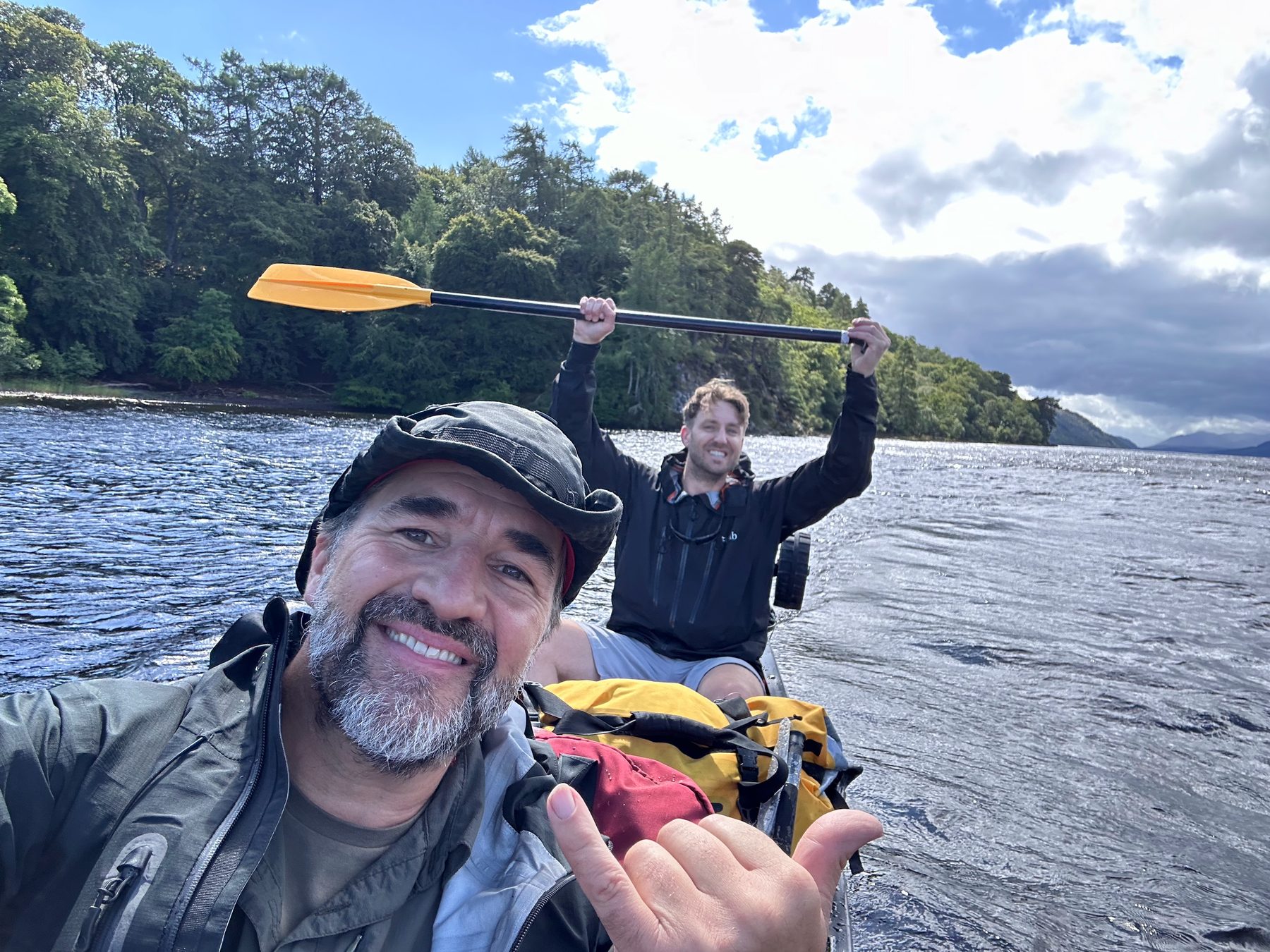 Bran on selfie duty up front; me at the back, celebrating when I should have been steering
