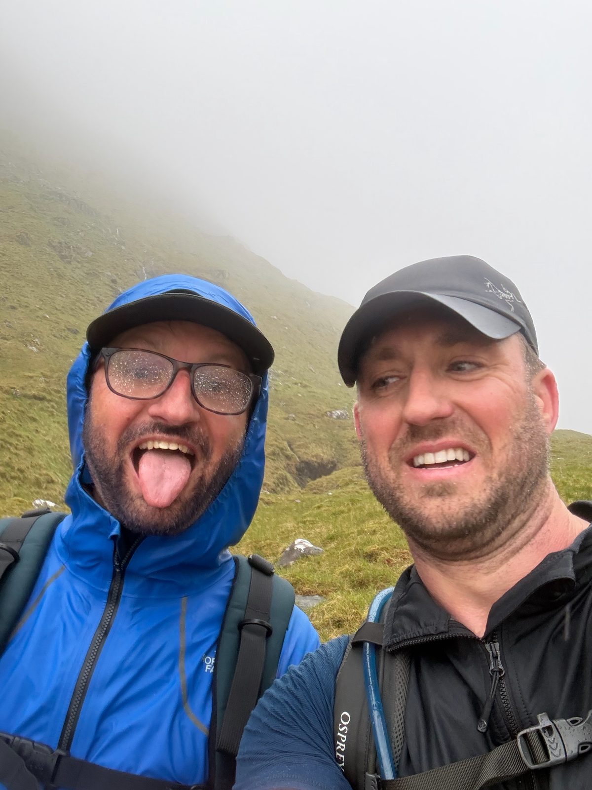 A misty, rainy first day. One of us coping better than the other